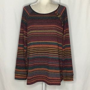 Always Indigo Striped Ribbed Knit Long Sleeve Top With Button Detail Size 3X